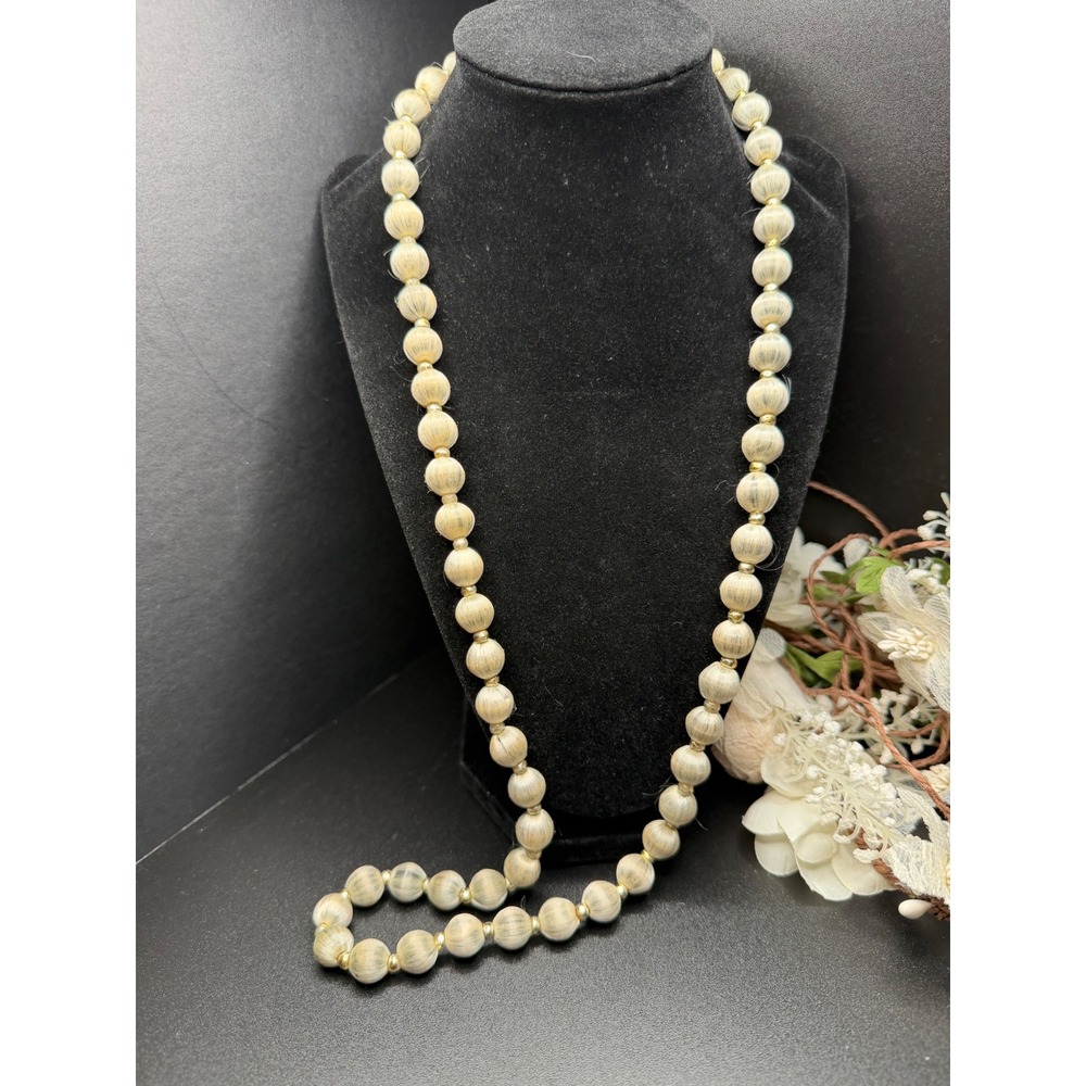 VTG Silk Thread Wrapped Bead Necklace Cream Gold Tone Spacer Long Strand 30in